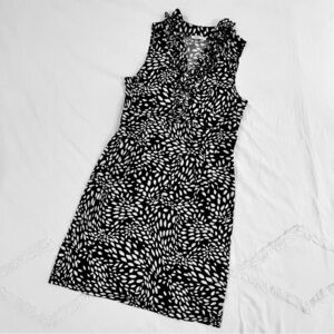 London Style Sleeveless Ruffle Dress | Black White V Neck Knee Length Polka Dot